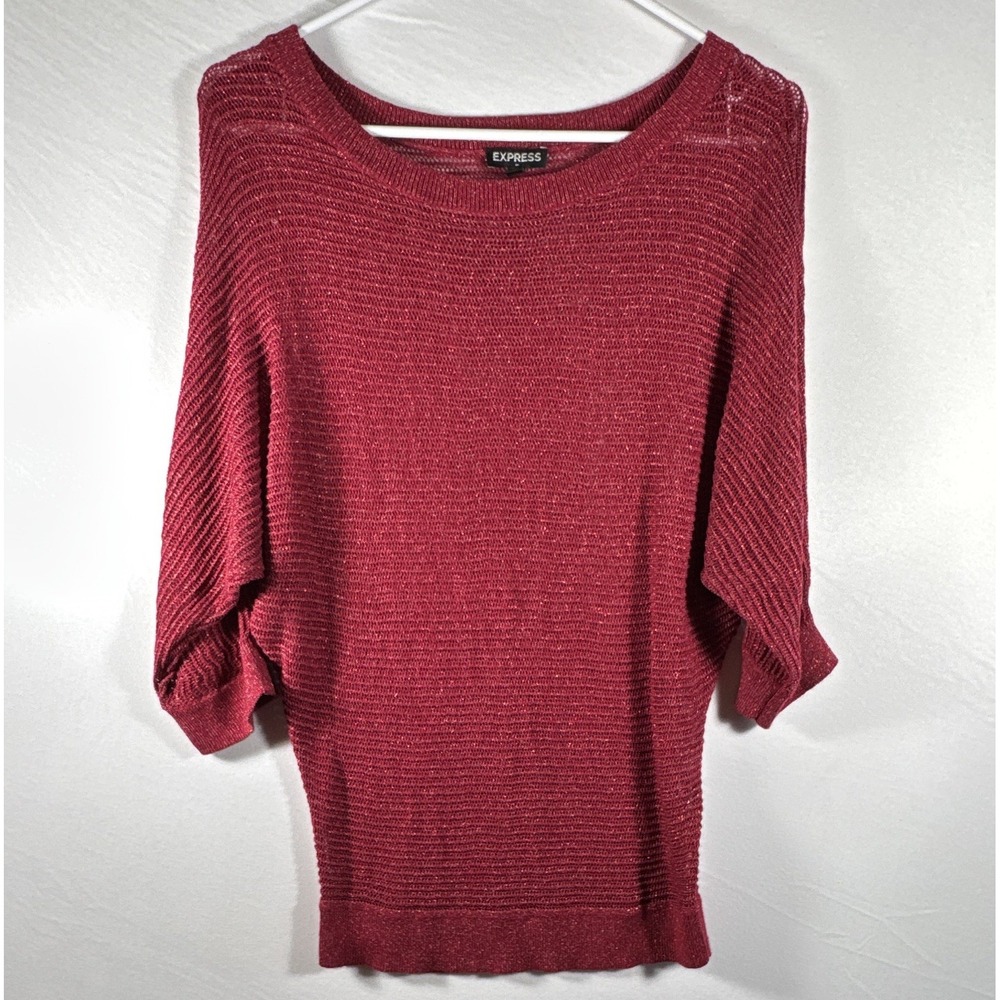 Express Women's Burgundy Solid Open-Knit Boat Neck 3/4 Dolman Sweater M